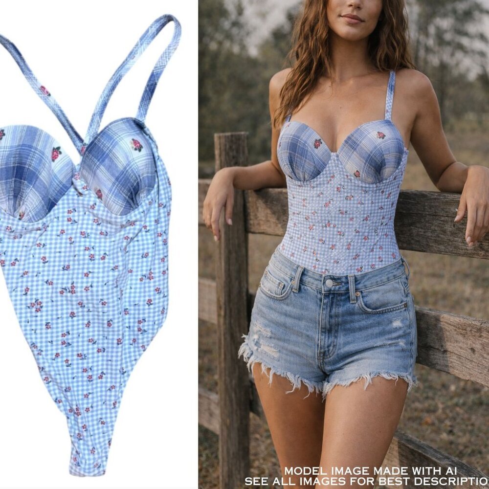Vintage 90s Fredericks of Hollywood Gingham Bodysuit L Bustier Bra Cottage Twee